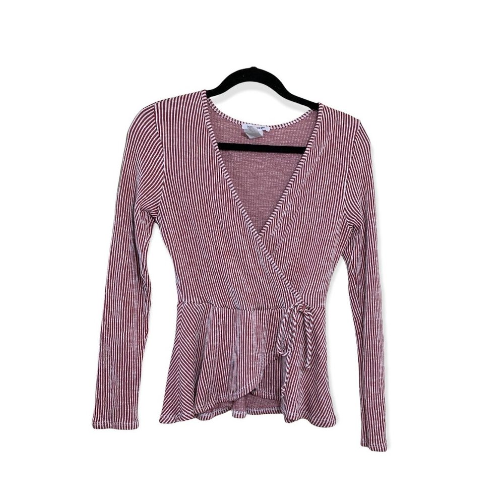 Crossbody V-Neck Long Sleeve Top Light burgundy and White Striped Blouse